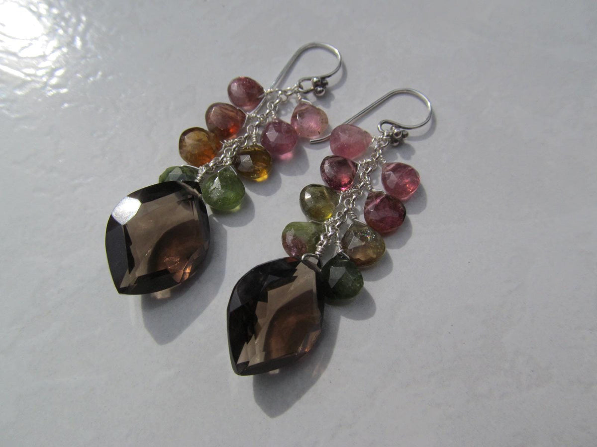 SMOKEY QUARTZ w/ Watermelon Tourmaline faceted briolettes beads Sterling silver drop dangle earrings