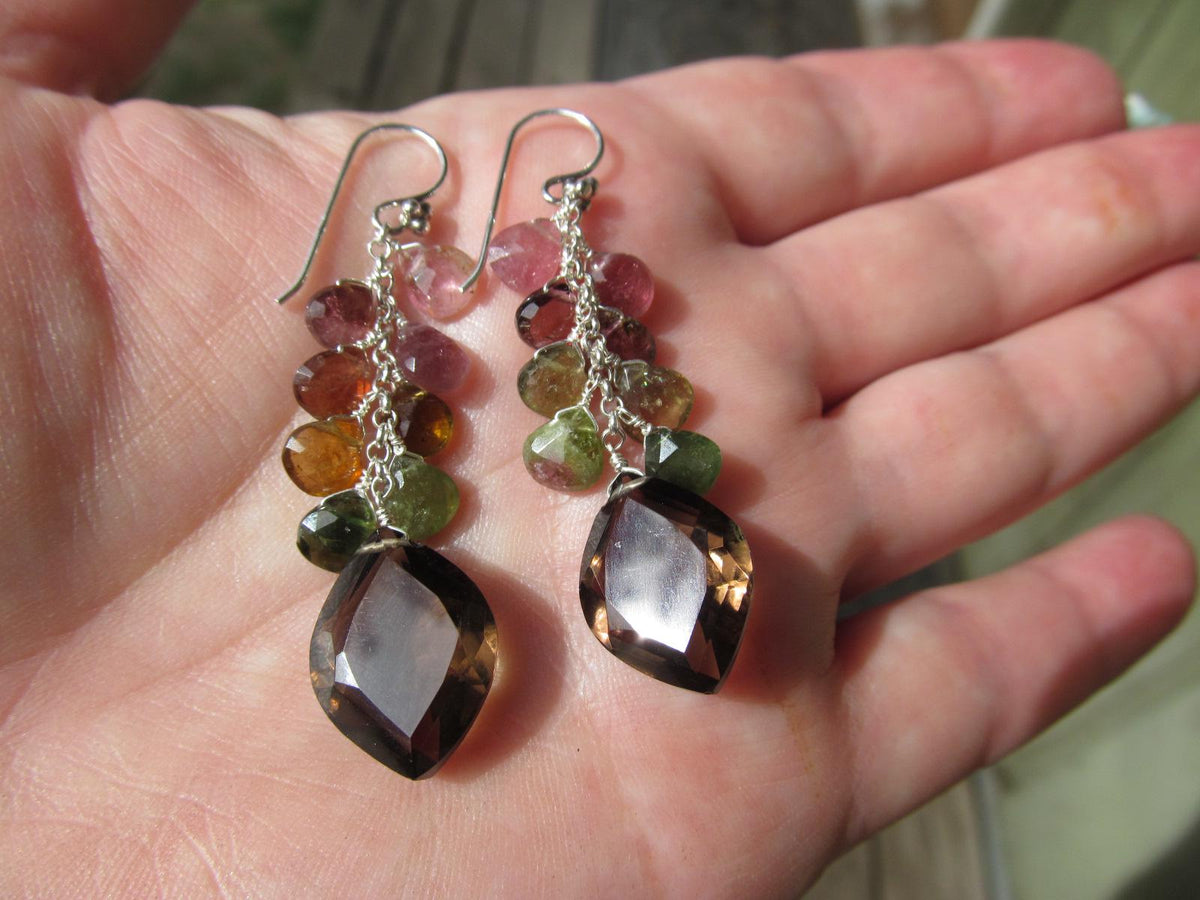 SMOKEY QUARTZ w/ Watermelon Tourmaline faceted briolettes beads Sterling silver drop dangle earrings