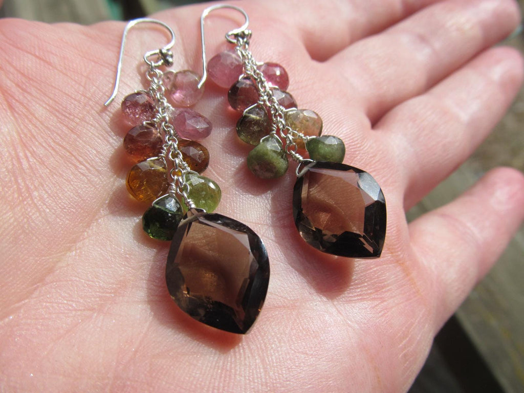 SMOKEY QUARTZ w/ Watermelon Tourmaline faceted briolettes beads Sterling silver drop dangle earrings