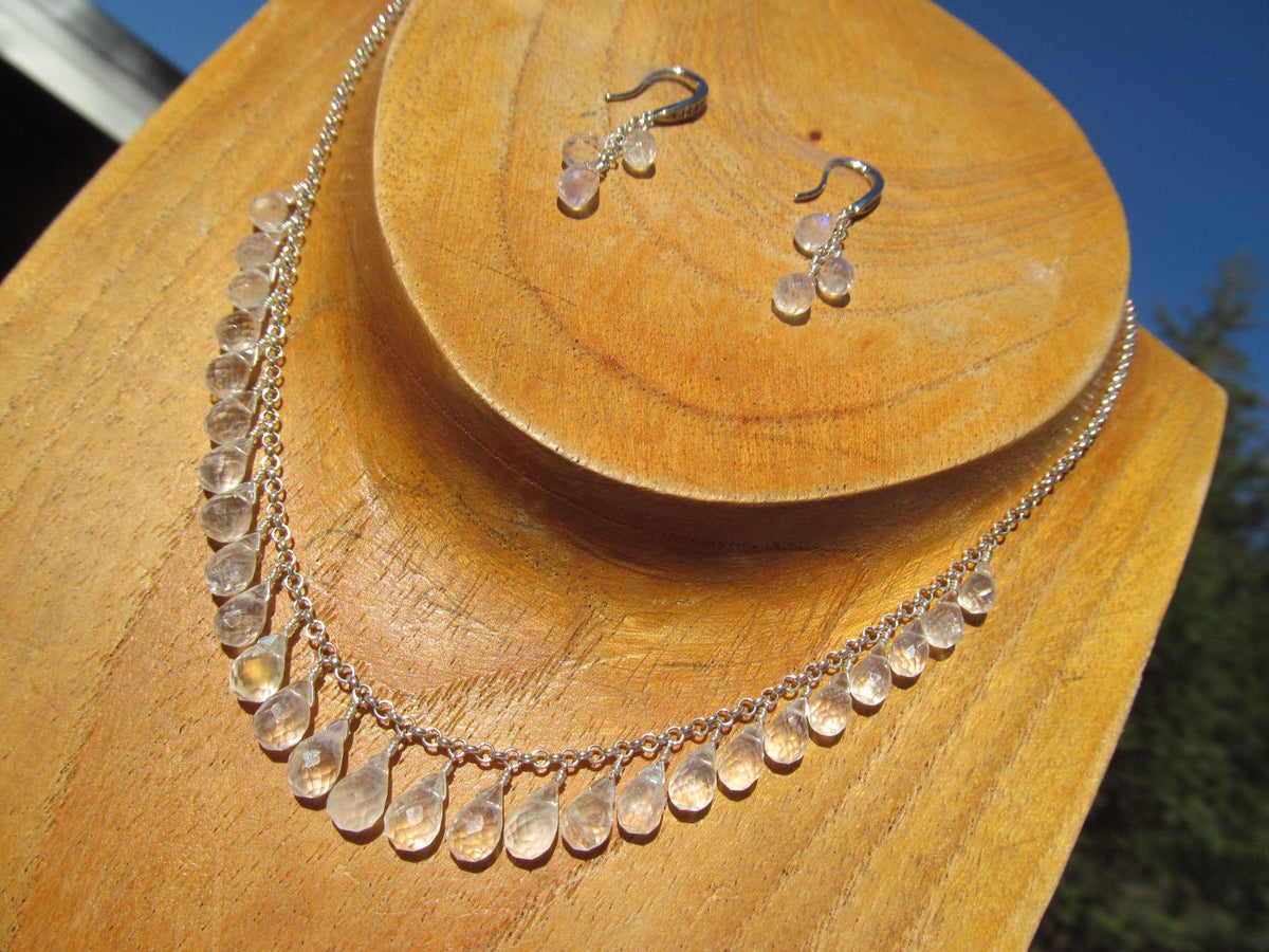 RAINBOW MOONSTONE micro-faceted briolette teardrop beads sterling silver Necklace Set