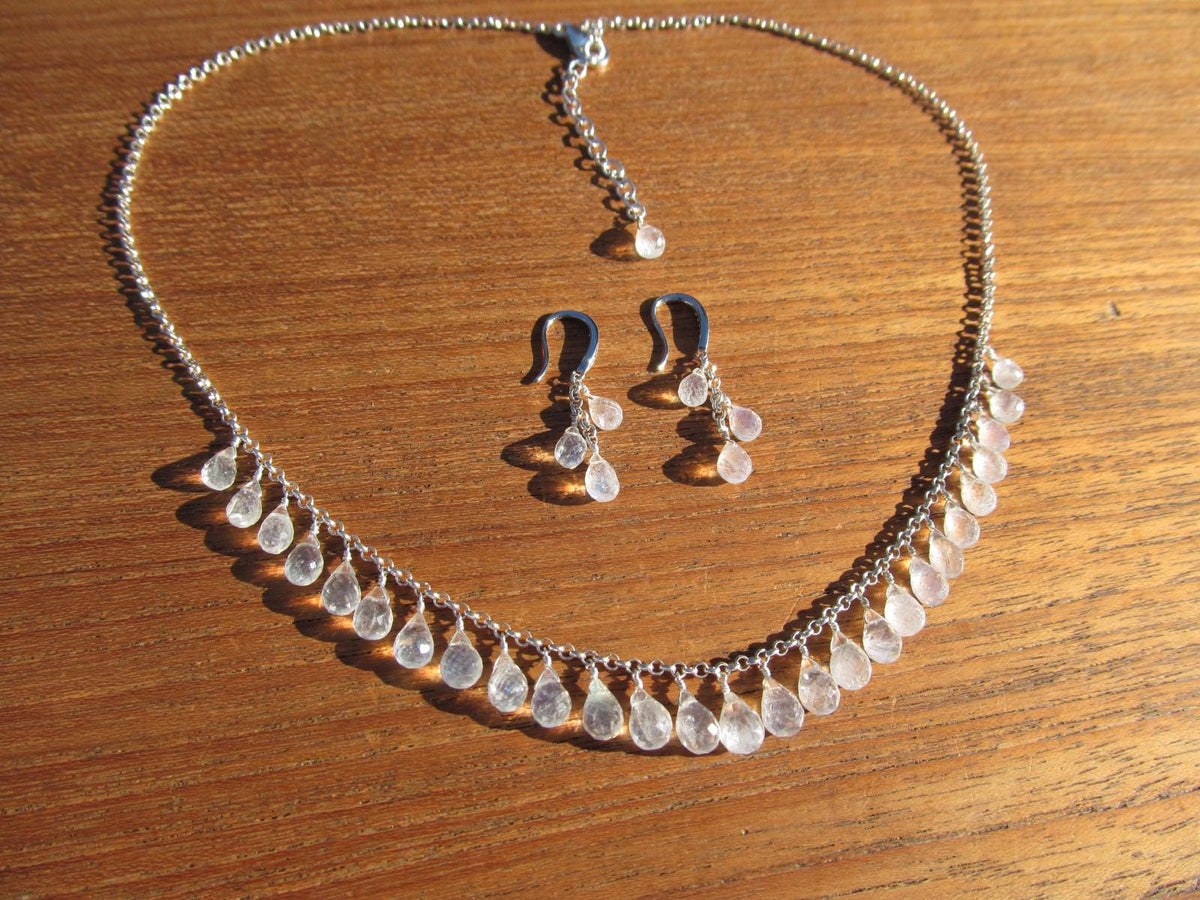 RAINBOW MOONSTONE micro-faceted briolette teardrop beads sterling silver Necklace Set