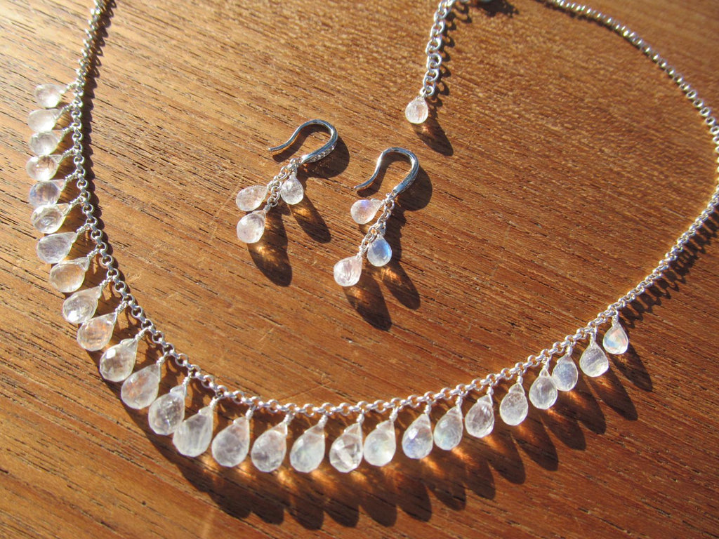 RAINBOW MOONSTONE micro-faceted briolette teardrop beads sterling silver Necklace Set