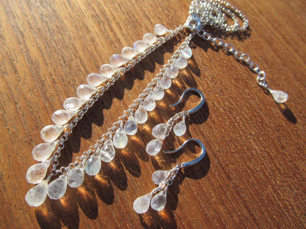RAINBOW MOONSTONE micro-faceted briolette teardrop beads sterling silver Necklace Set