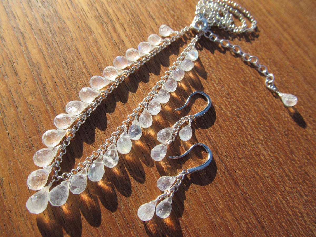 RAINBOW MOONSTONE micro-faceted briolette teardrop beads sterling silver Necklace Set