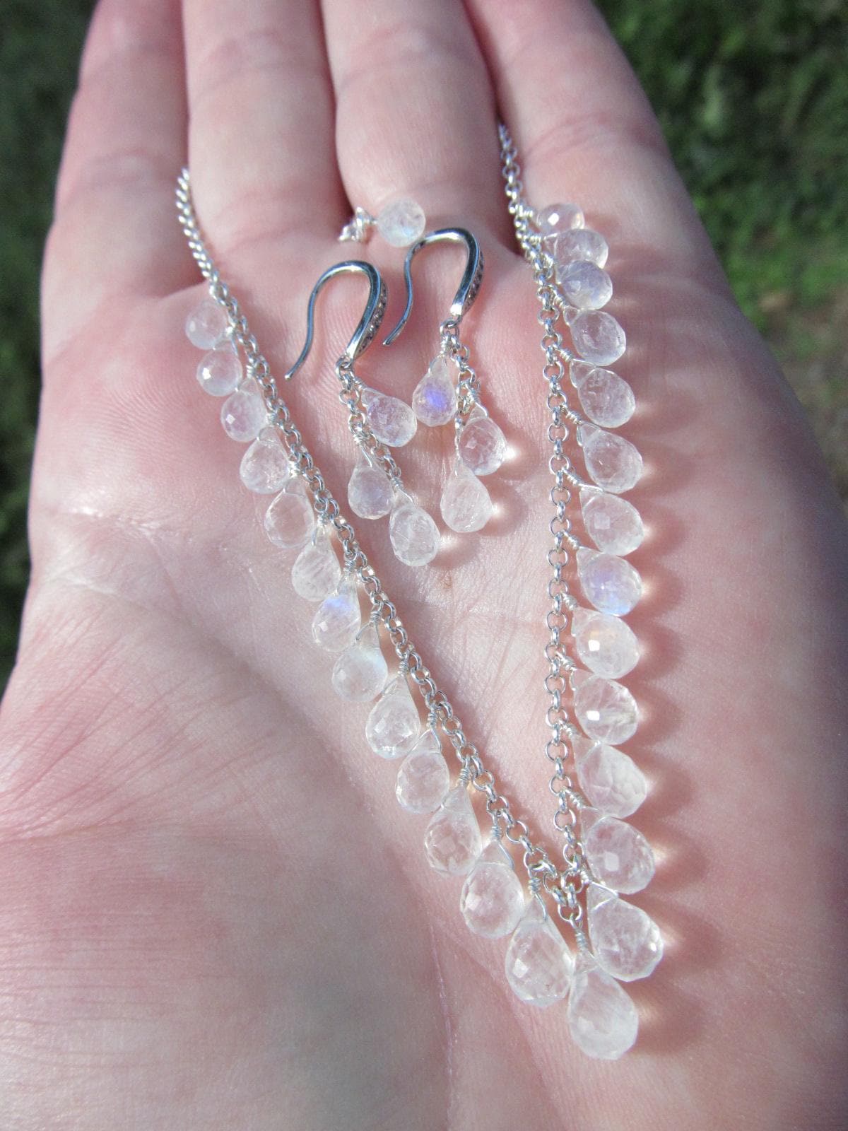 RAINBOW MOONSTONE micro-faceted briolette teardrop beads sterling silver Necklace Set