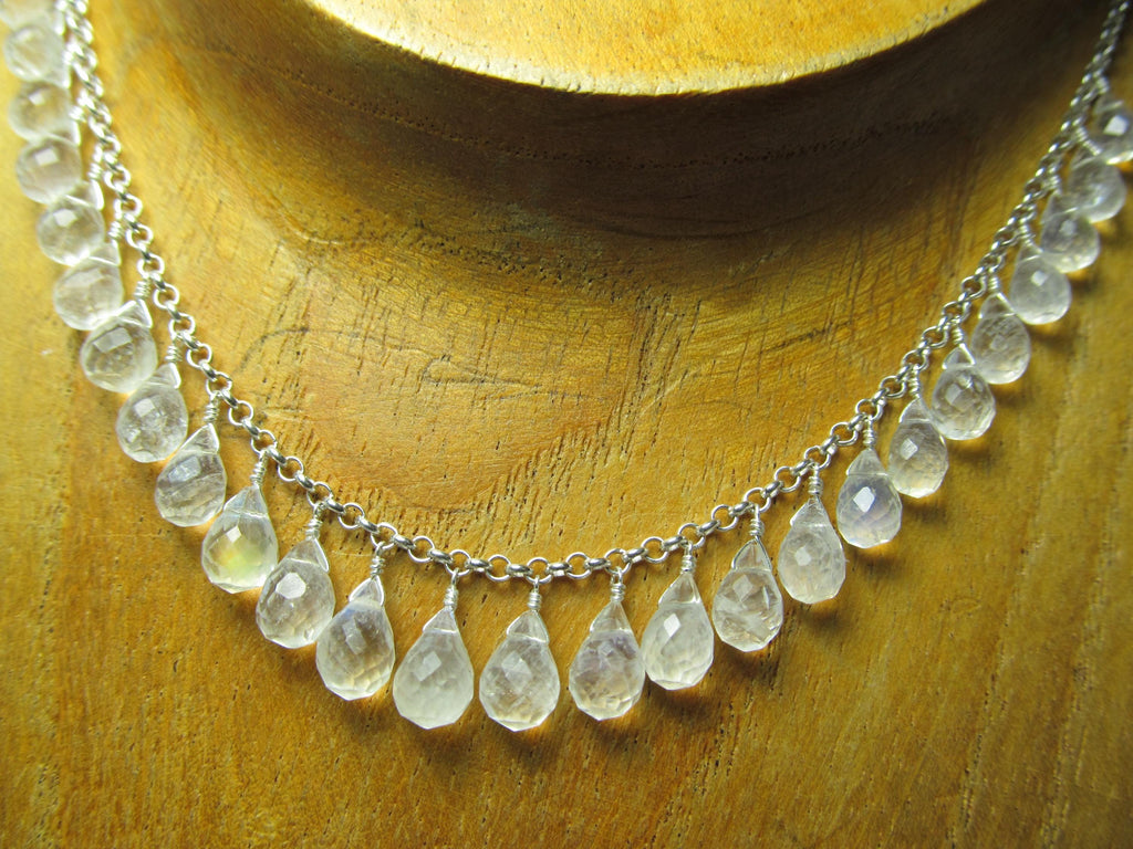 RAINBOW MOONSTONE micro-faceted briolette teardrop beads sterling silver Necklace Set