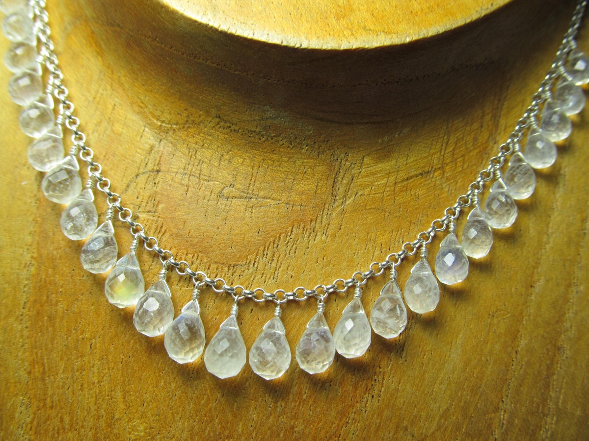 RAINBOW MOONSTONE micro-faceted briolette teardrop beads sterling silver Necklace Set