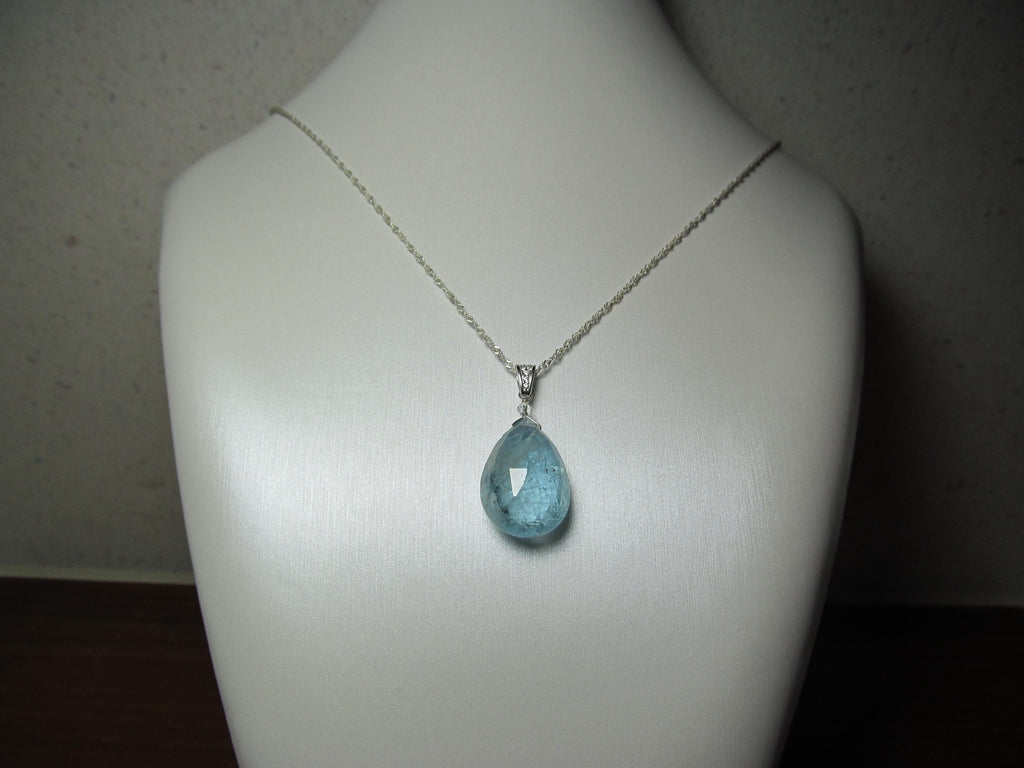 AQUAMARINE faceted pear briolette bead Sterling Silver CZ Pendant
