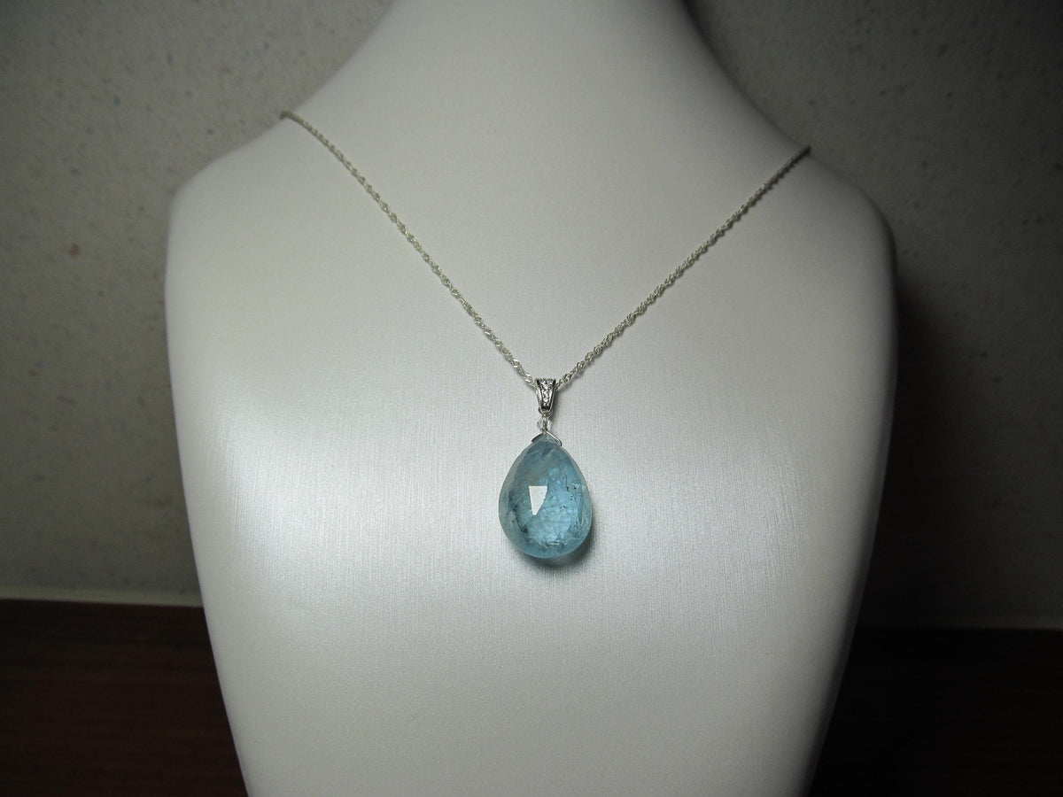 AQUAMARINE faceted pear briolette bead Sterling Silver CZ Pendant