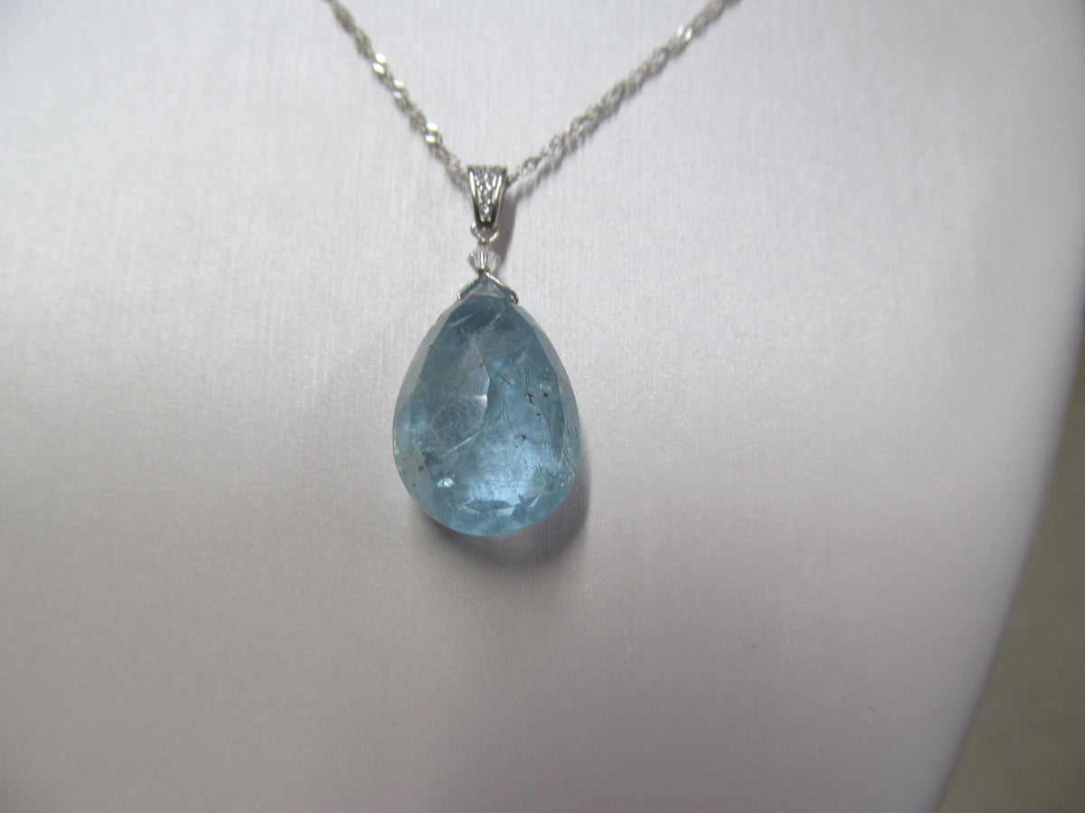 AQUAMARINE faceted pear briolette bead Sterling Silver CZ Pendant