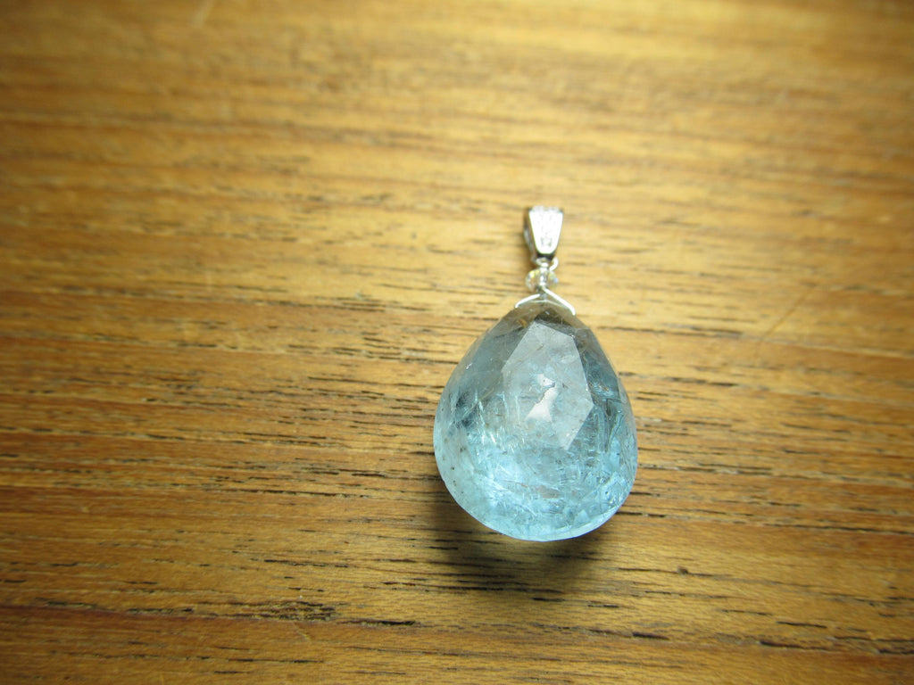 AQUAMARINE faceted pear briolette bead Sterling Silver CZ Pendant