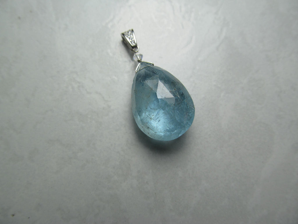 AQUAMARINE faceted pear briolette bead Sterling Silver CZ Pendant