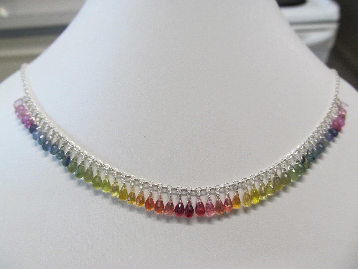 Madagascar RAINBOW SAPPHIRE faceted briolette beads Sterling Silver Necklace