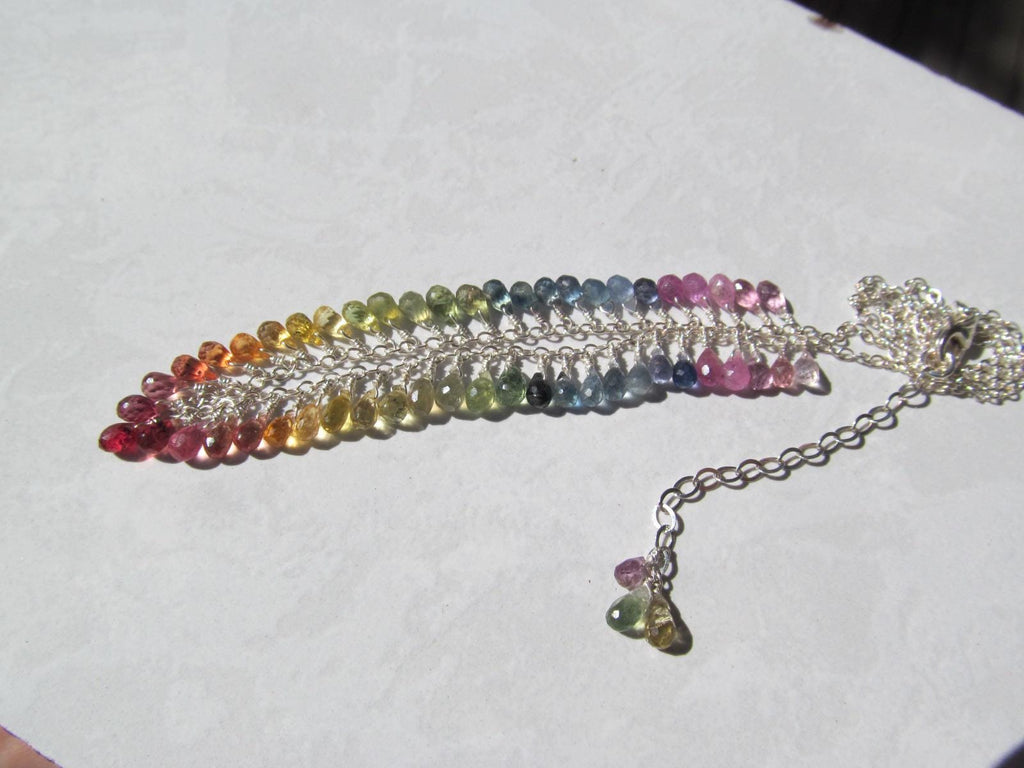 Madagascar RAINBOW SAPPHIRE faceted briolette beads Sterling Silver Necklace