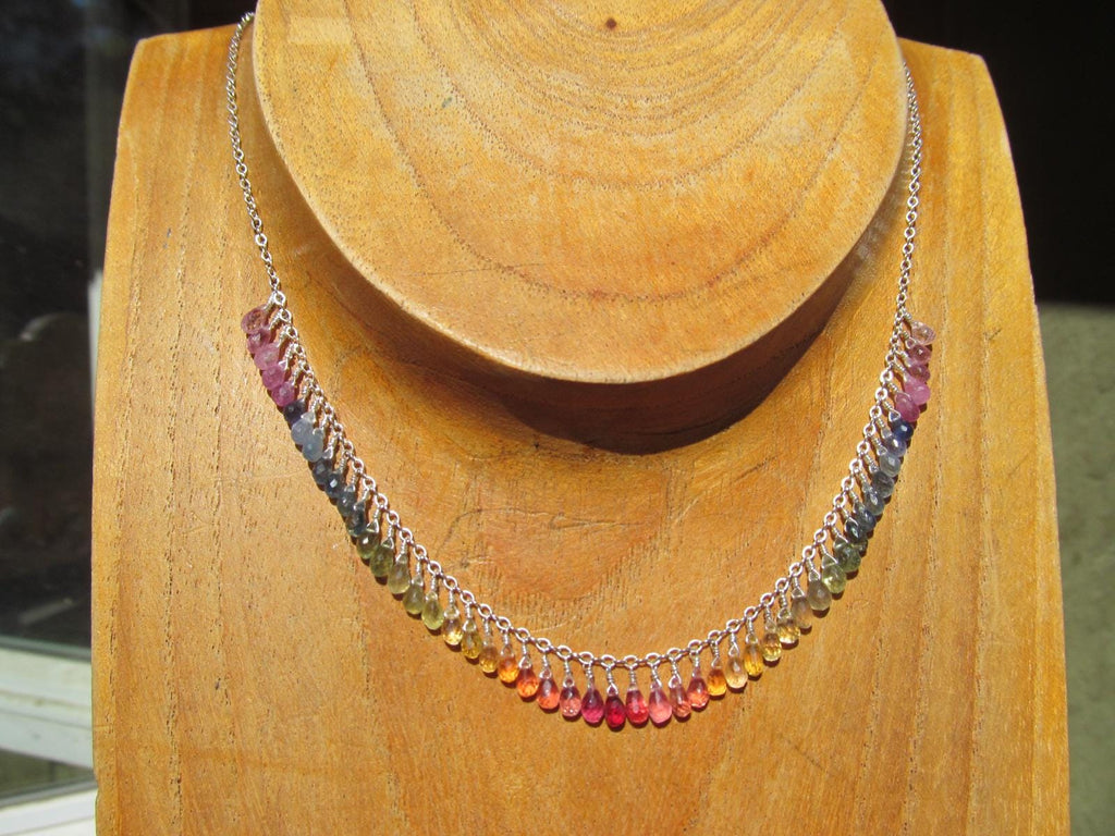 Madagascar RAINBOW SAPPHIRE faceted briolette beads Sterling Silver Necklace