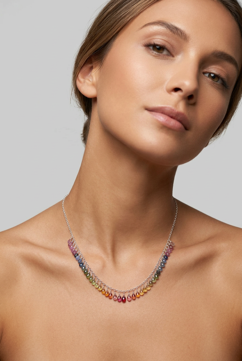 Madagascar RAINBOW SAPPHIRE faceted briolette beads Sterling Silver Necklace