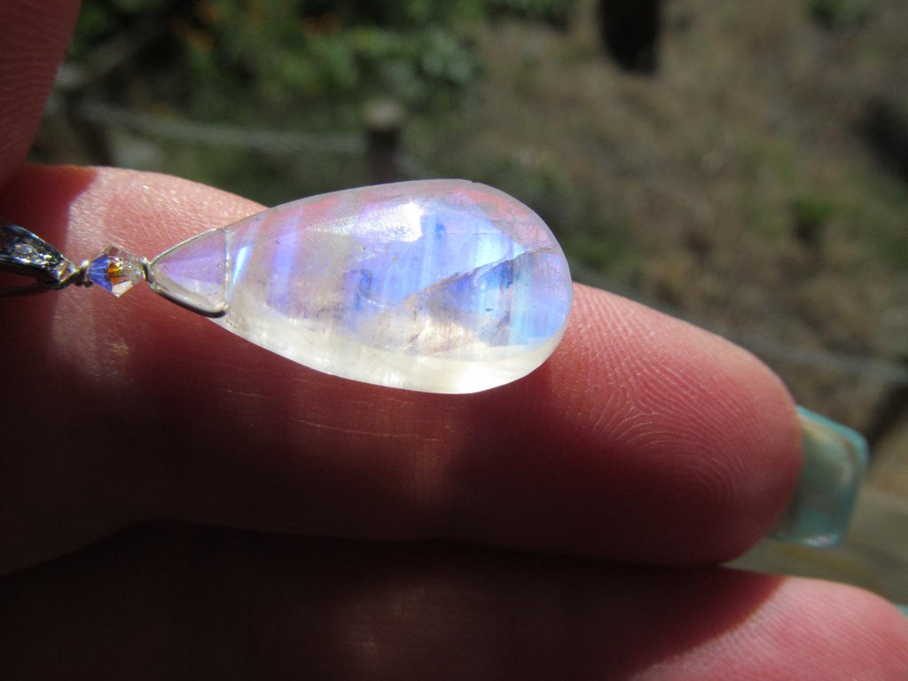 RAINBOW MOONSTONE faceted briolette pear bead sterling silver drop Pendant