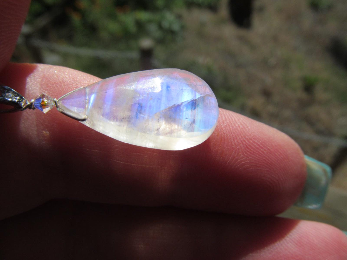 RAINBOW MOONSTONE faceted briolette pear bead sterling silver drop Pendant