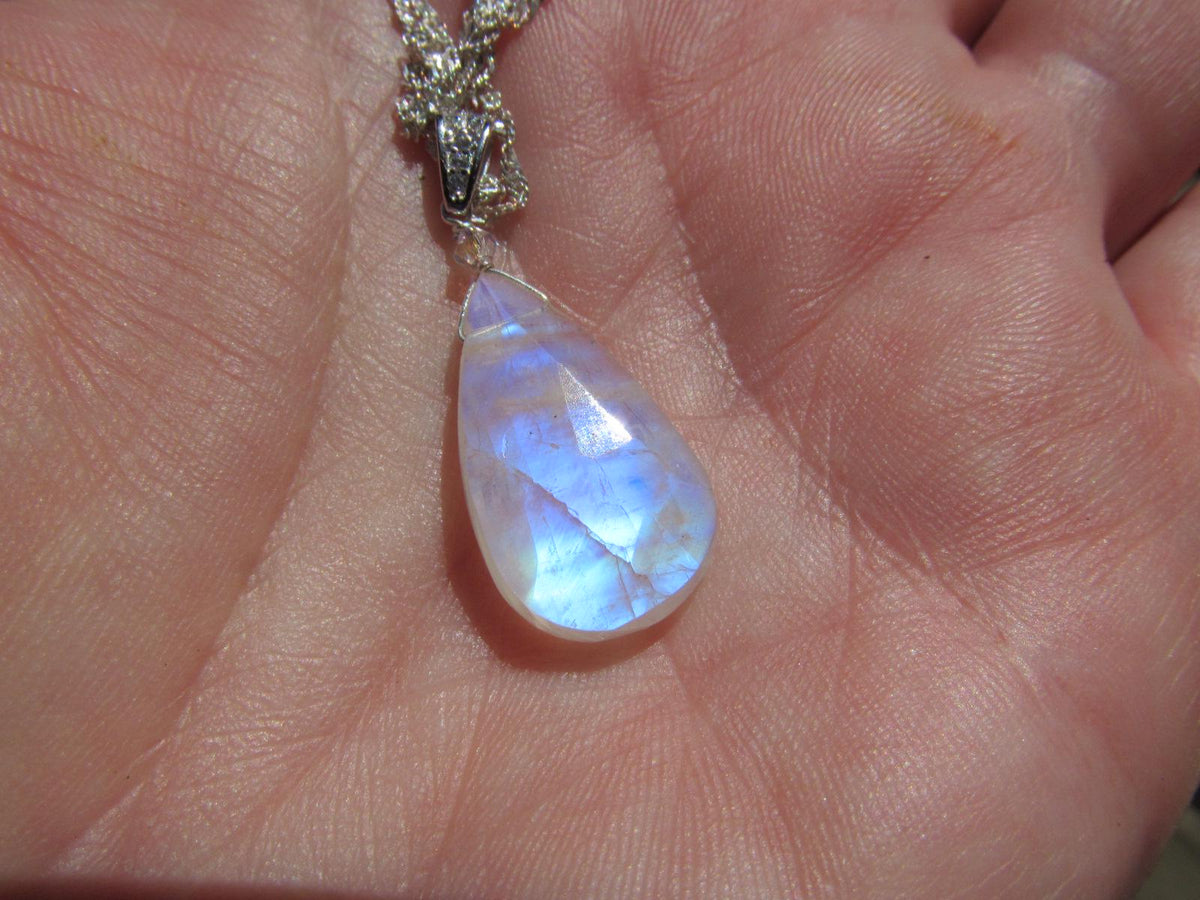 RAINBOW MOONSTONE faceted briolette pear bead sterling silver drop Pendant