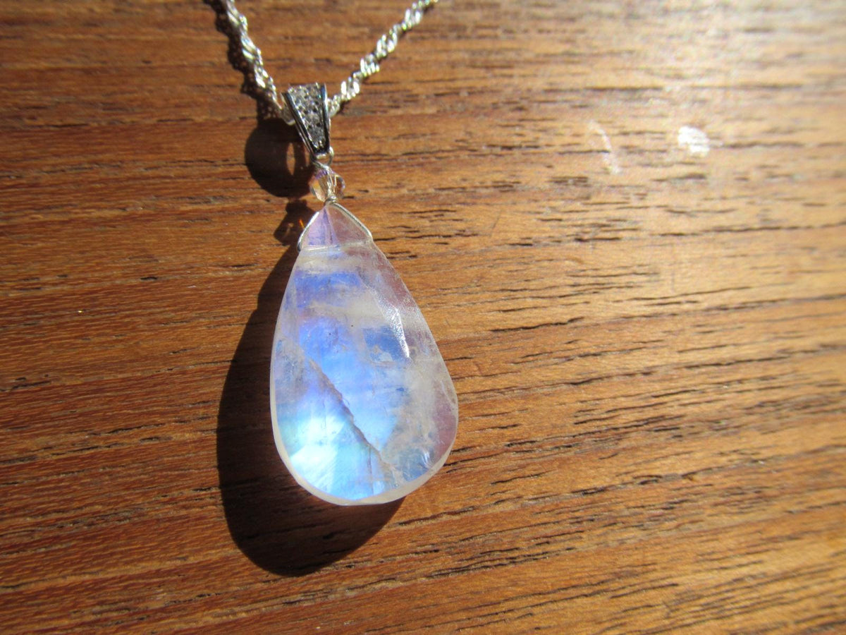RAINBOW MOONSTONE faceted briolette pear bead sterling silver drop Pendant