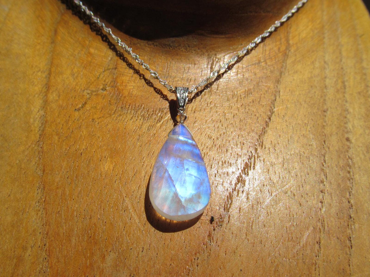 RAINBOW MOONSTONE faceted briolette pear bead sterling silver drop Pendant