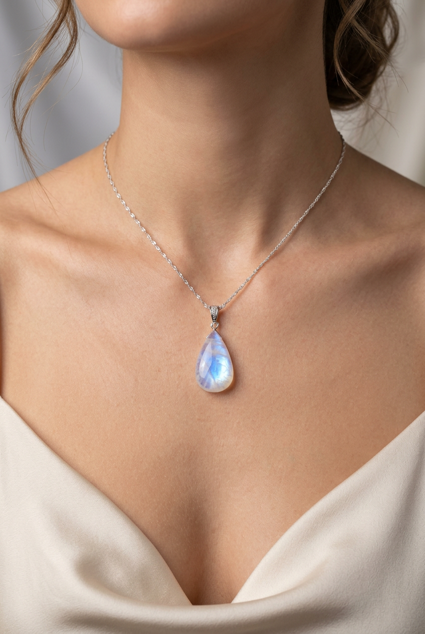 RAINBOW MOONSTONE faceted briolette pear bead sterling silver drop Pendant