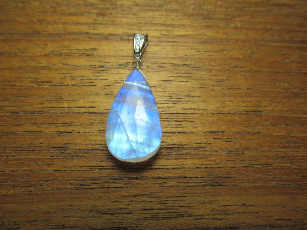 RAINBOW MOONSTONE faceted briolette pear bead sterling silver drop Pendant