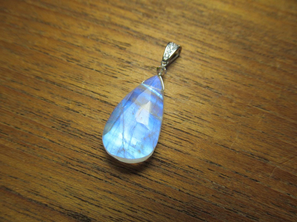 RAINBOW MOONSTONE faceted briolette pear bead sterling silver drop Pendant