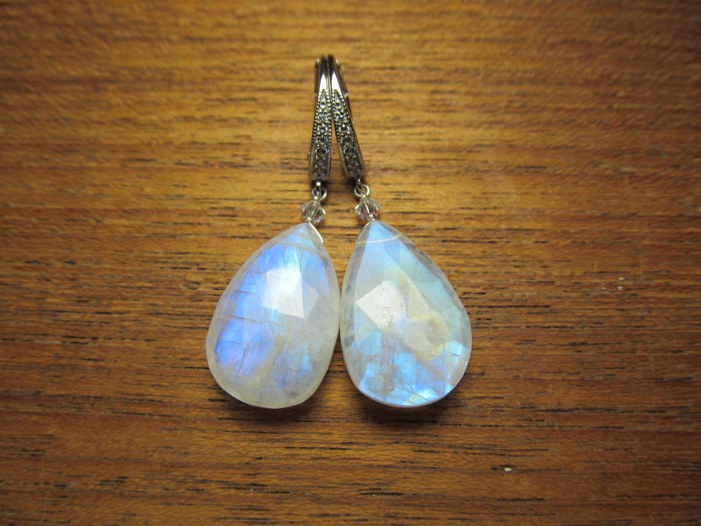 RAINBOW MOONSTONE faceted Teardrop beads Sterling Silver Drop Earrings