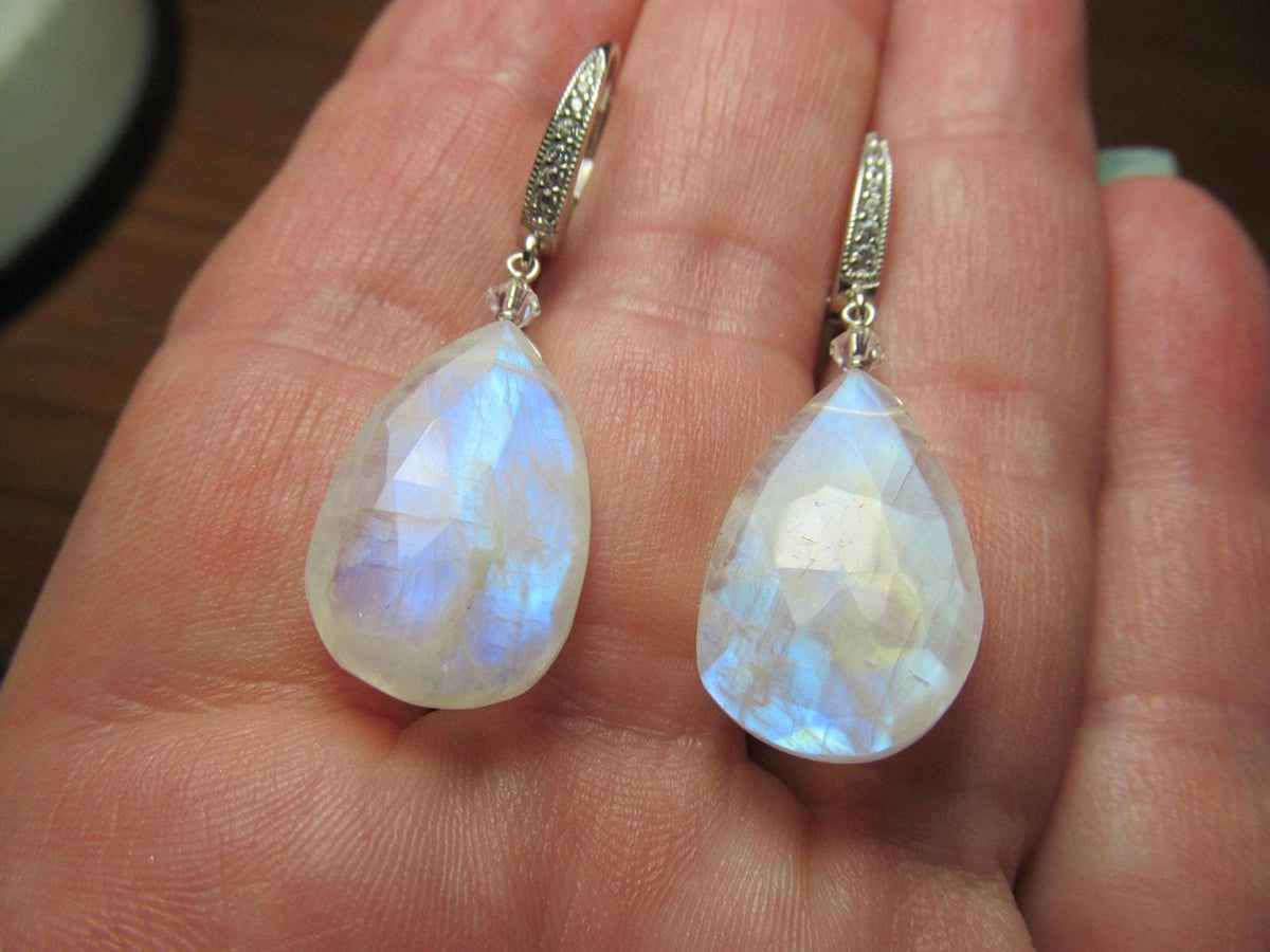 RAINBOW MOONSTONE faceted Teardrop beads Sterling Silver Drop Earrings