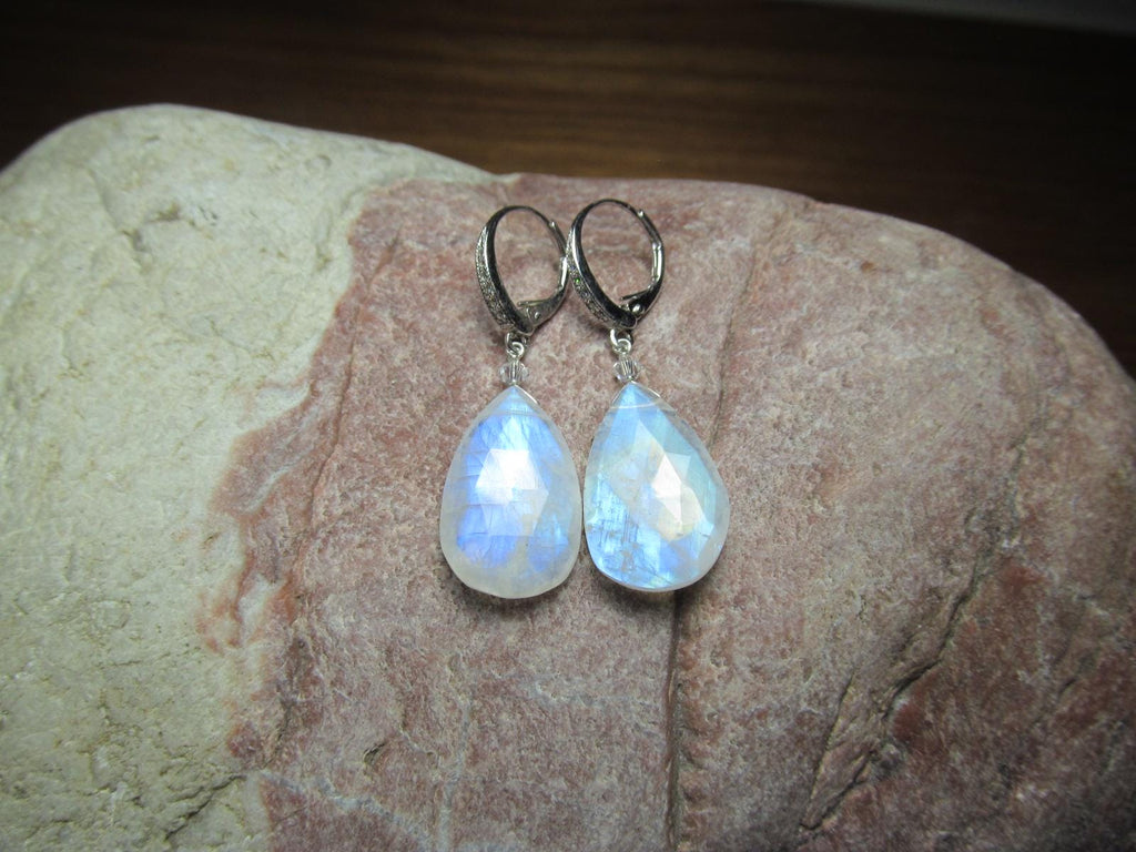 RAINBOW MOONSTONE faceted Teardrop beads Sterling Silver Drop Earrings