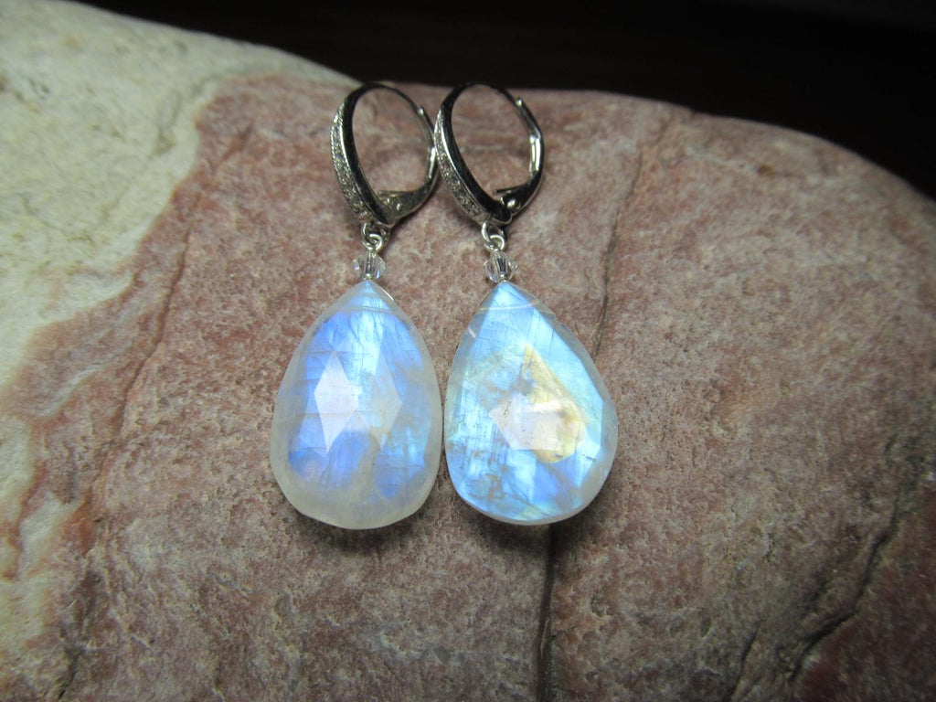 RAINBOW MOONSTONE faceted Teardrop beads Sterling Silver Drop Earrings