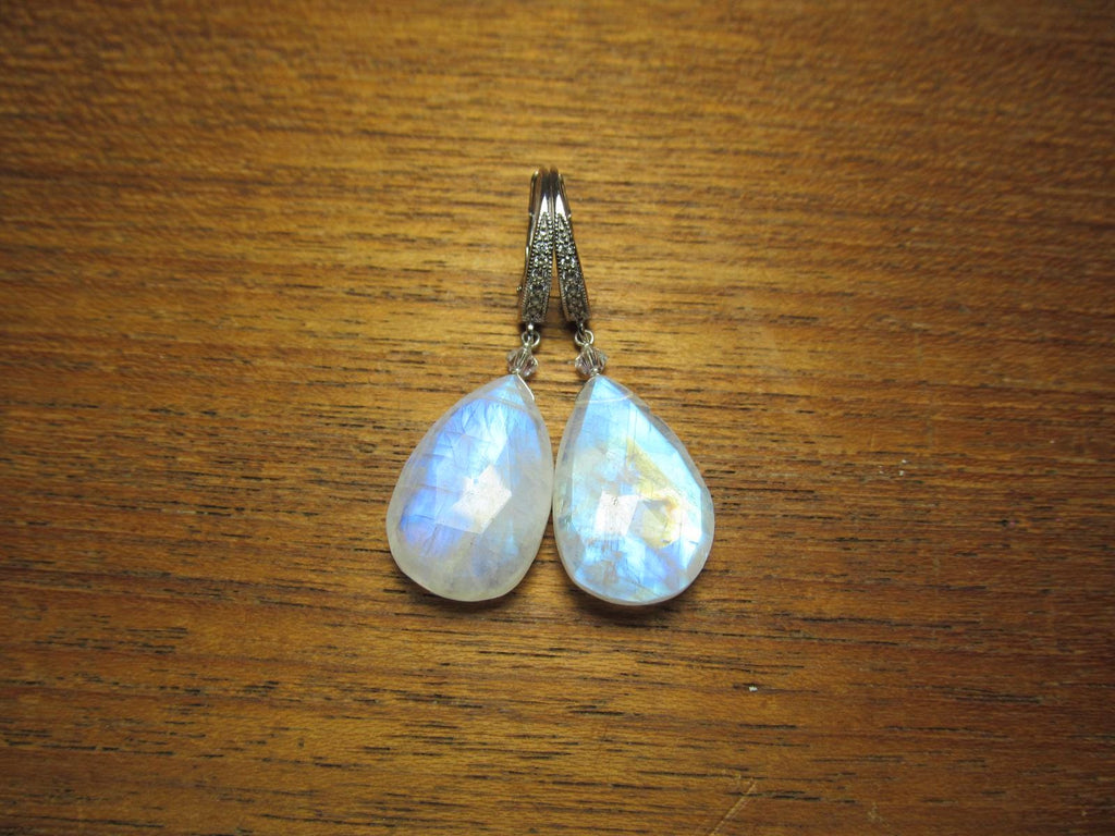 RAINBOW MOONSTONE faceted Teardrop beads Sterling Silver Drop Earrings