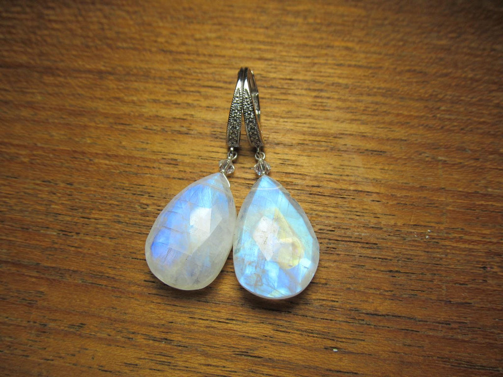 RAINBOW MOONSTONE faceted Teardrop beads Sterling Silver Drop Earrings