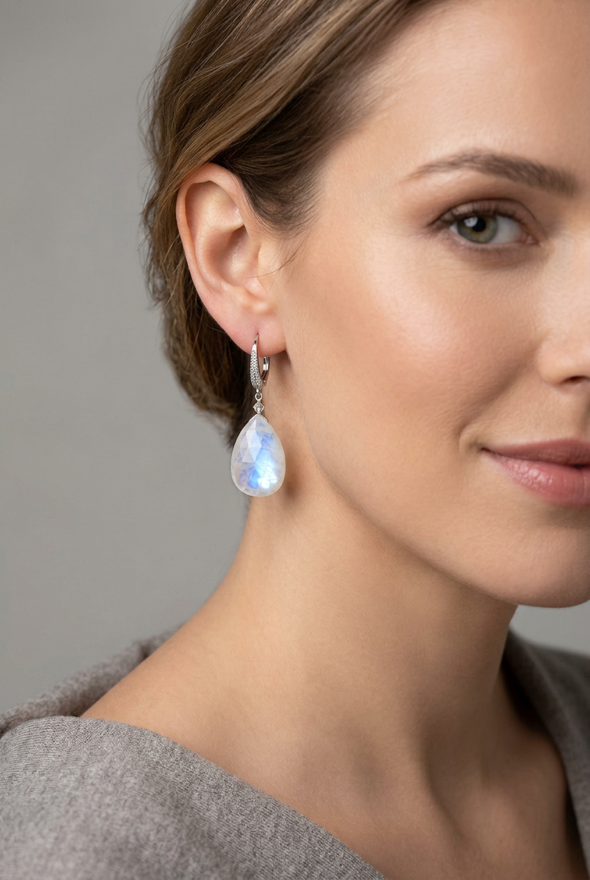 RAINBOW MOONSTONE faceted Teardrop beads Sterling Silver Drop Earrings