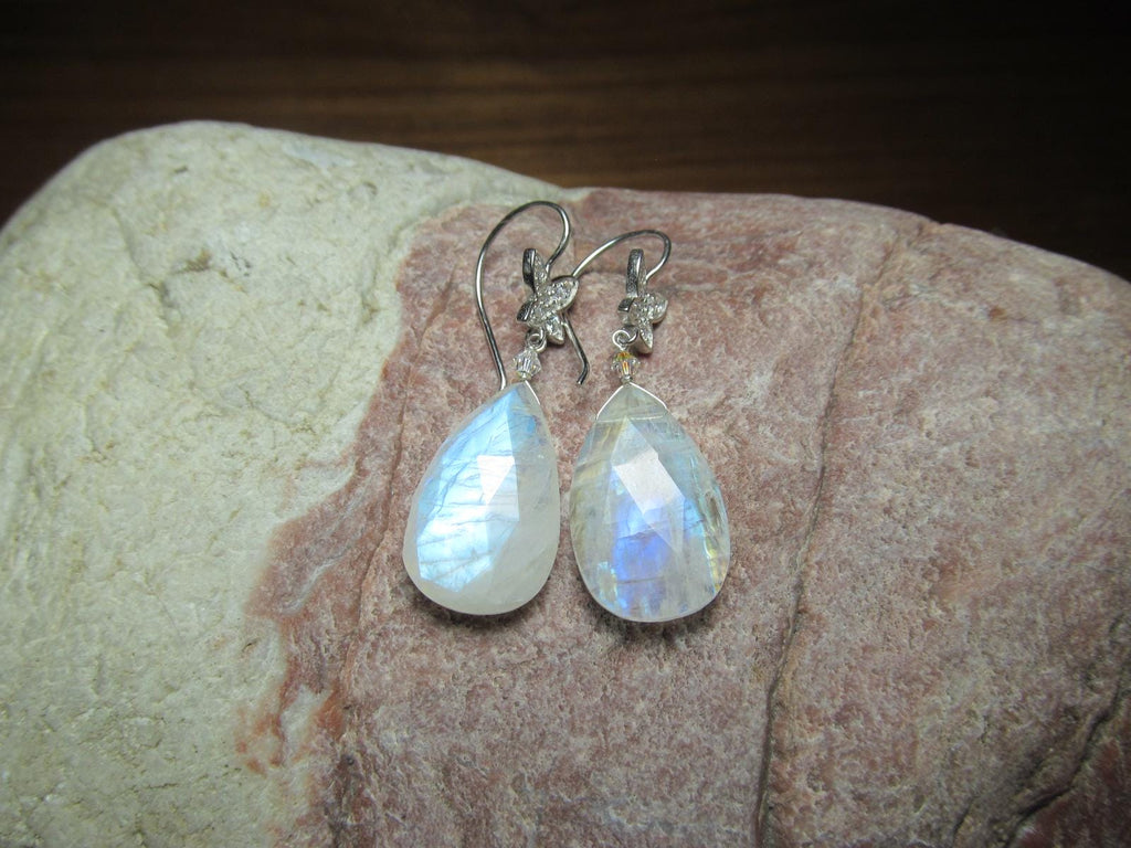 RAINBOW MOONSTONE faceted Teardrop beads Sterling Silver Drop Earrings