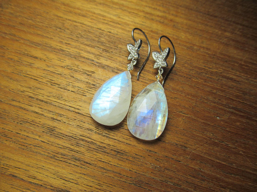 RAINBOW MOONSTONE faceted Teardrop beads Sterling Silver Drop Earrings