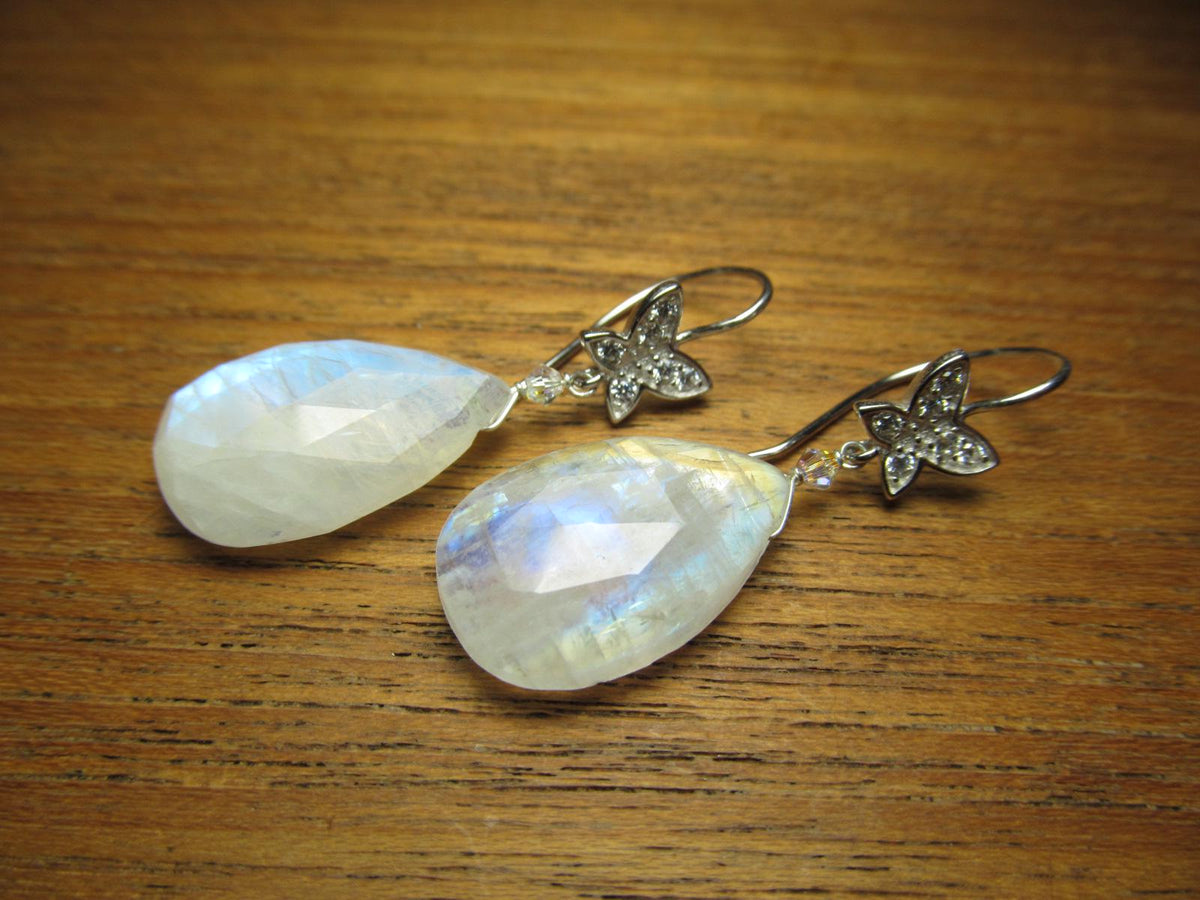 RAINBOW MOONSTONE faceted Teardrop beads Sterling Silver Drop Earrings