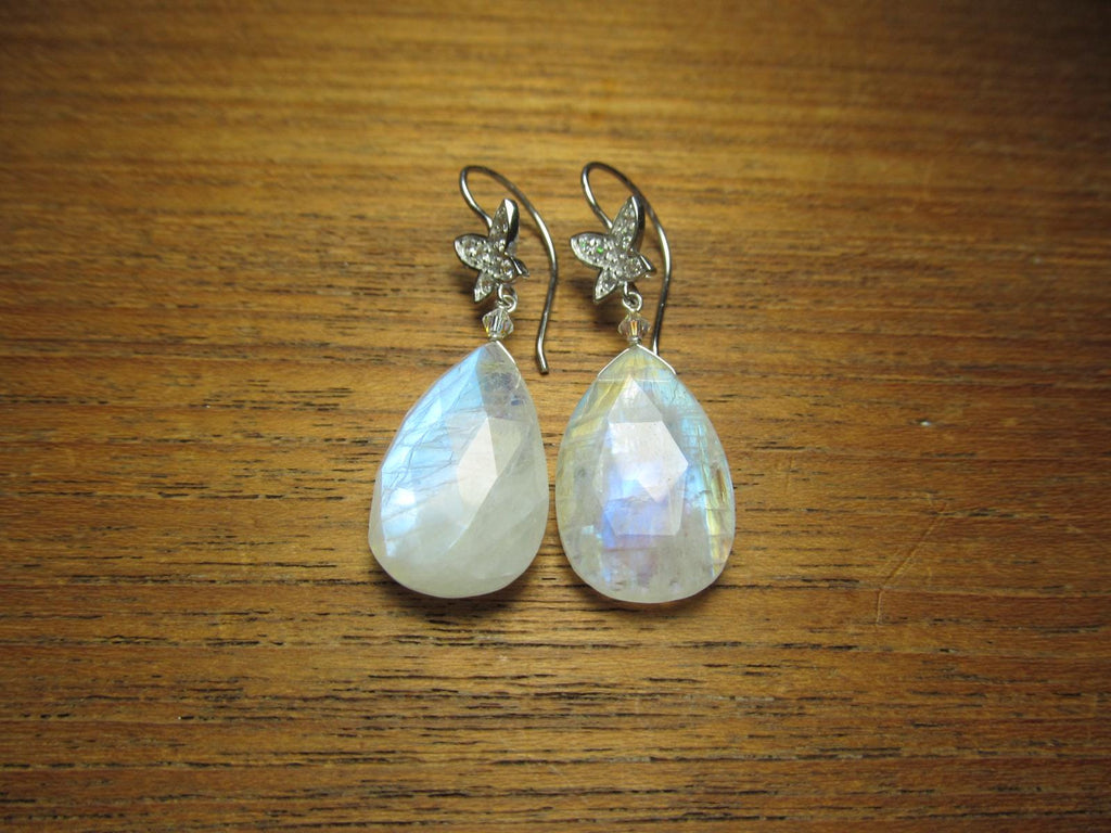 RAINBOW MOONSTONE faceted Teardrop beads Sterling Silver Drop Earrings