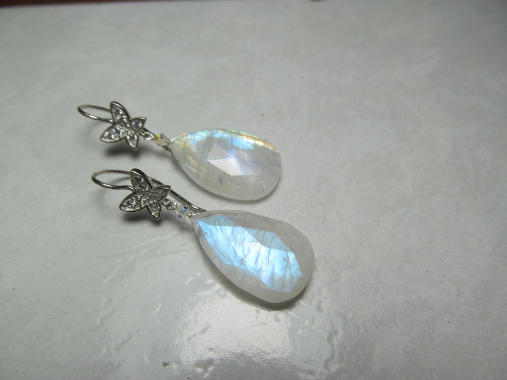 RAINBOW MOONSTONE faceted Teardrop beads Sterling Silver Drop Earrings