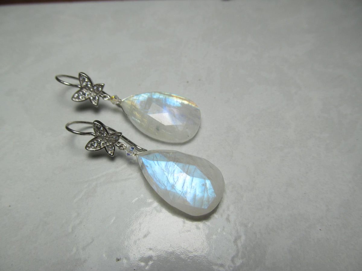 RAINBOW MOONSTONE faceted Teardrop beads Sterling Silver Drop Earrings