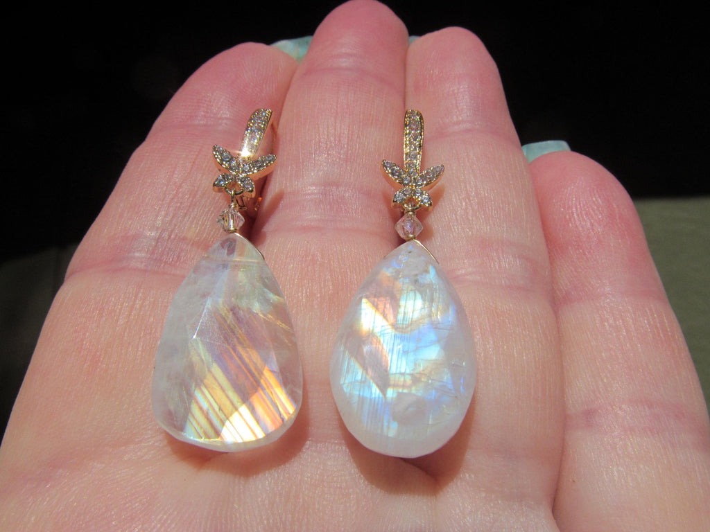 RAINBOW MOONSTONE faceted Teardrop beads 14k Gold Fill/Plated cz Drop Earrings