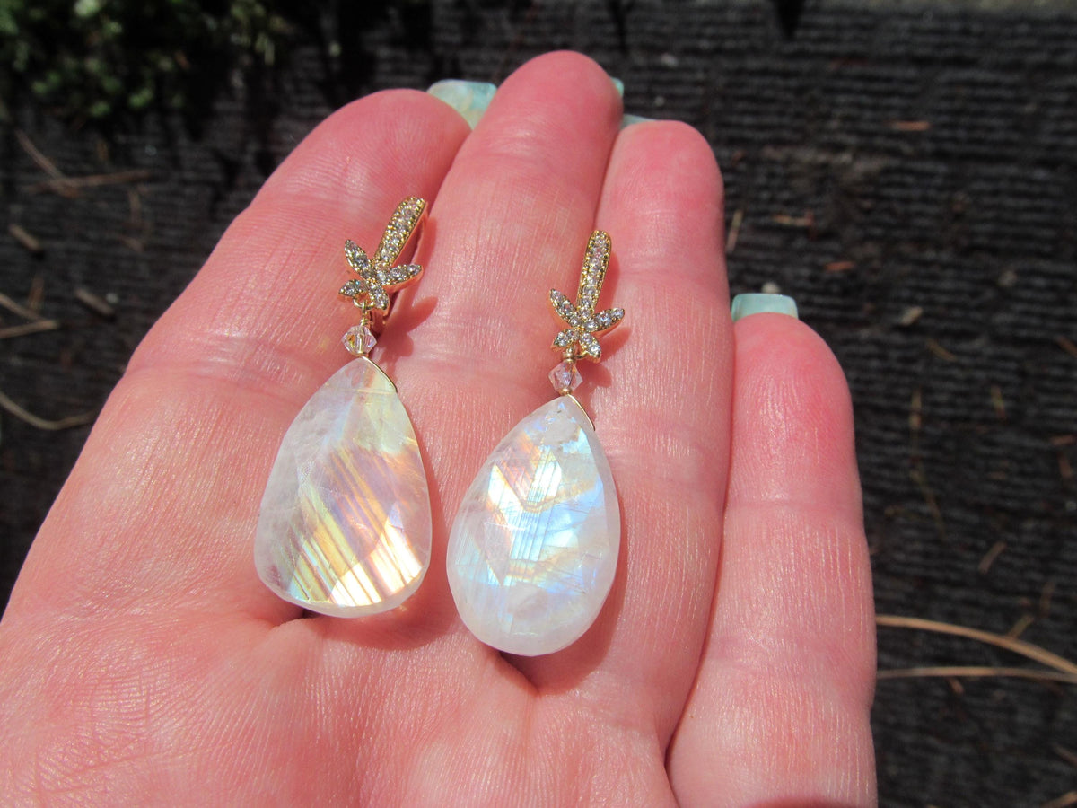 RAINBOW MOONSTONE faceted Teardrop beads 14k Gold Fill/Plated cz Drop Earrings