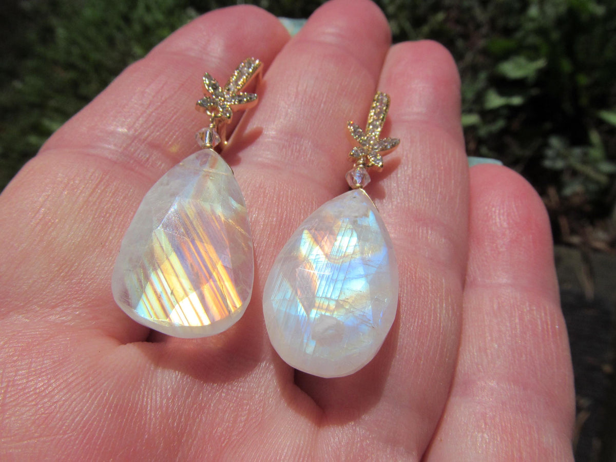 RAINBOW MOONSTONE faceted Teardrop beads 14k Gold Fill/Plated cz Drop Earrings