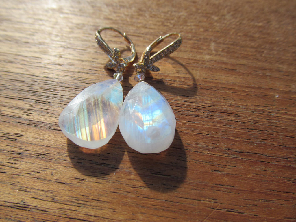 RAINBOW MOONSTONE faceted Teardrop beads 14k Gold Fill/Plated cz Drop Earrings