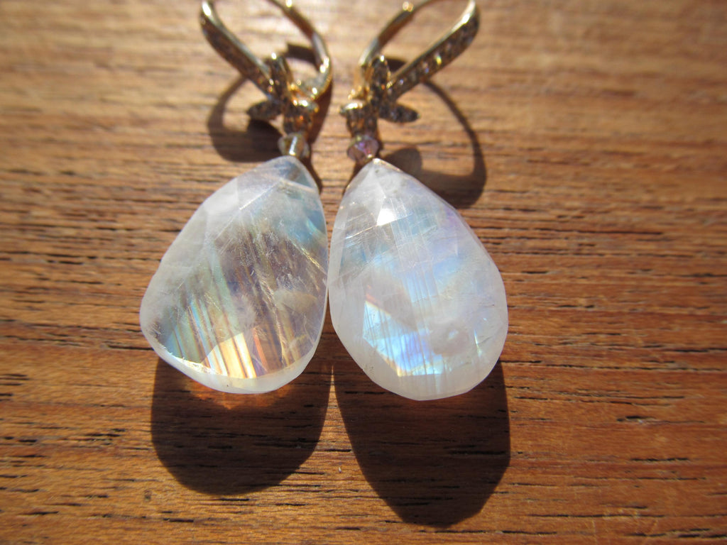 RAINBOW MOONSTONE faceted Teardrop beads 14k Gold Fill/Plated cz Drop Earrings