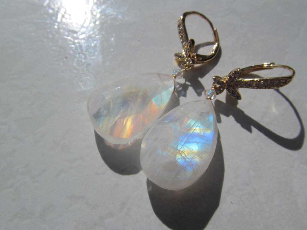 RAINBOW MOONSTONE faceted Teardrop beads 14k Gold Fill/Plated cz Drop Earrings