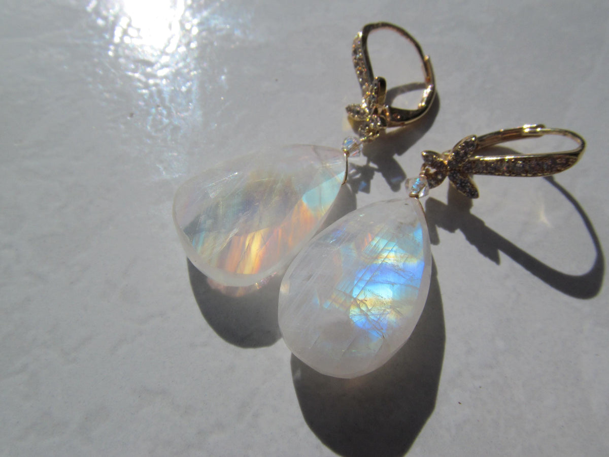 RAINBOW MOONSTONE faceted Teardrop beads 14k Gold Fill/Plated cz Drop Earrings