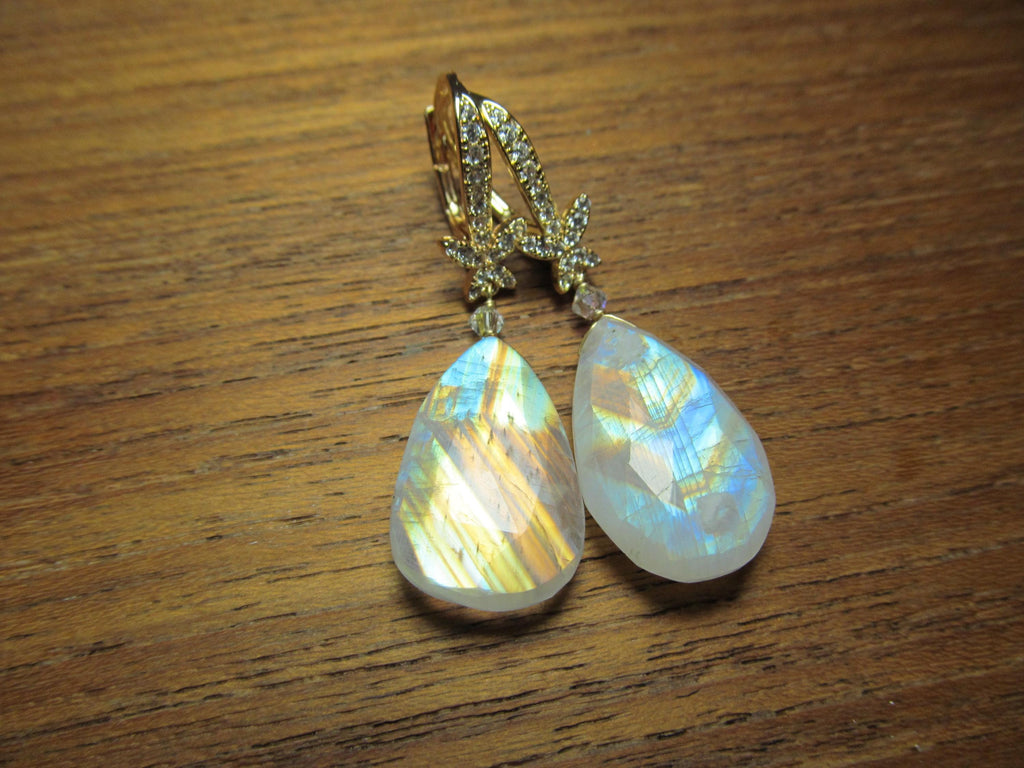 RAINBOW MOONSTONE faceted Teardrop beads 14k Gold Fill/Plated cz Drop Earrings