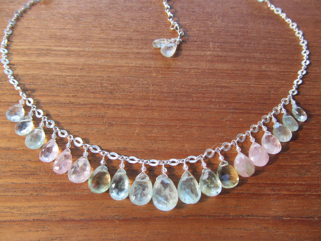 RAINBOW AQUAMARINE faceted briolette beads Sterling Silver necklace
